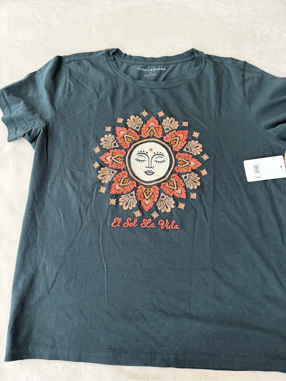 Lucky Brand Shirt Womens L Green Crew Neck Short Sleeve Sun Embroidered Tee D99